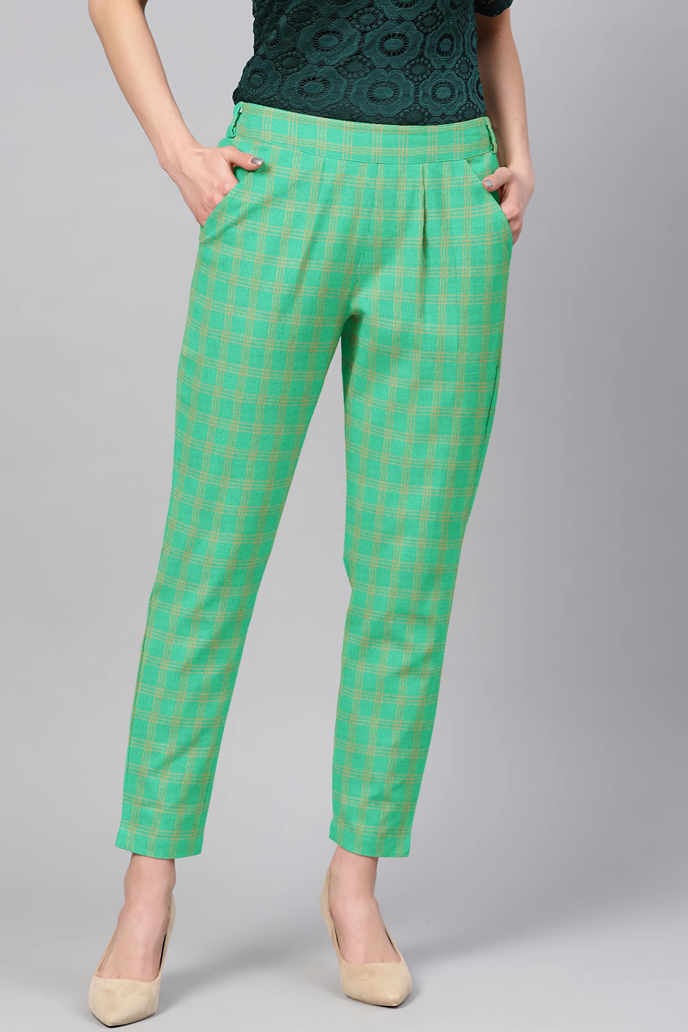 Green Golden Cotton Check Regular Fit Solid Trouser-36102