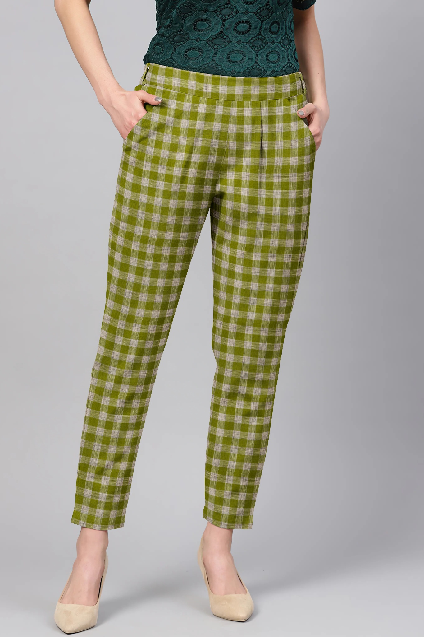 Green White Cotton Check Regular Fit Solid Trouser-36083
