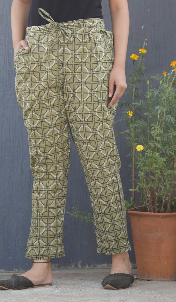 Green White and Black Block Print Cotton Pant-34113