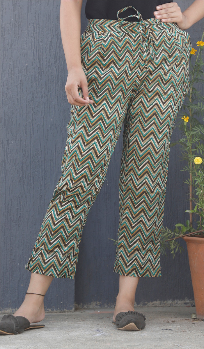 Green White and Brown Ikat Block Print Cotton Pant-34114