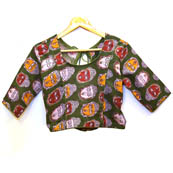 Green-White and Yellow Buddha Kalamkari Print Cotton Blouse-30019