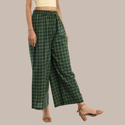 Green Yellow Cotton Check Palazzo Pant-36317
