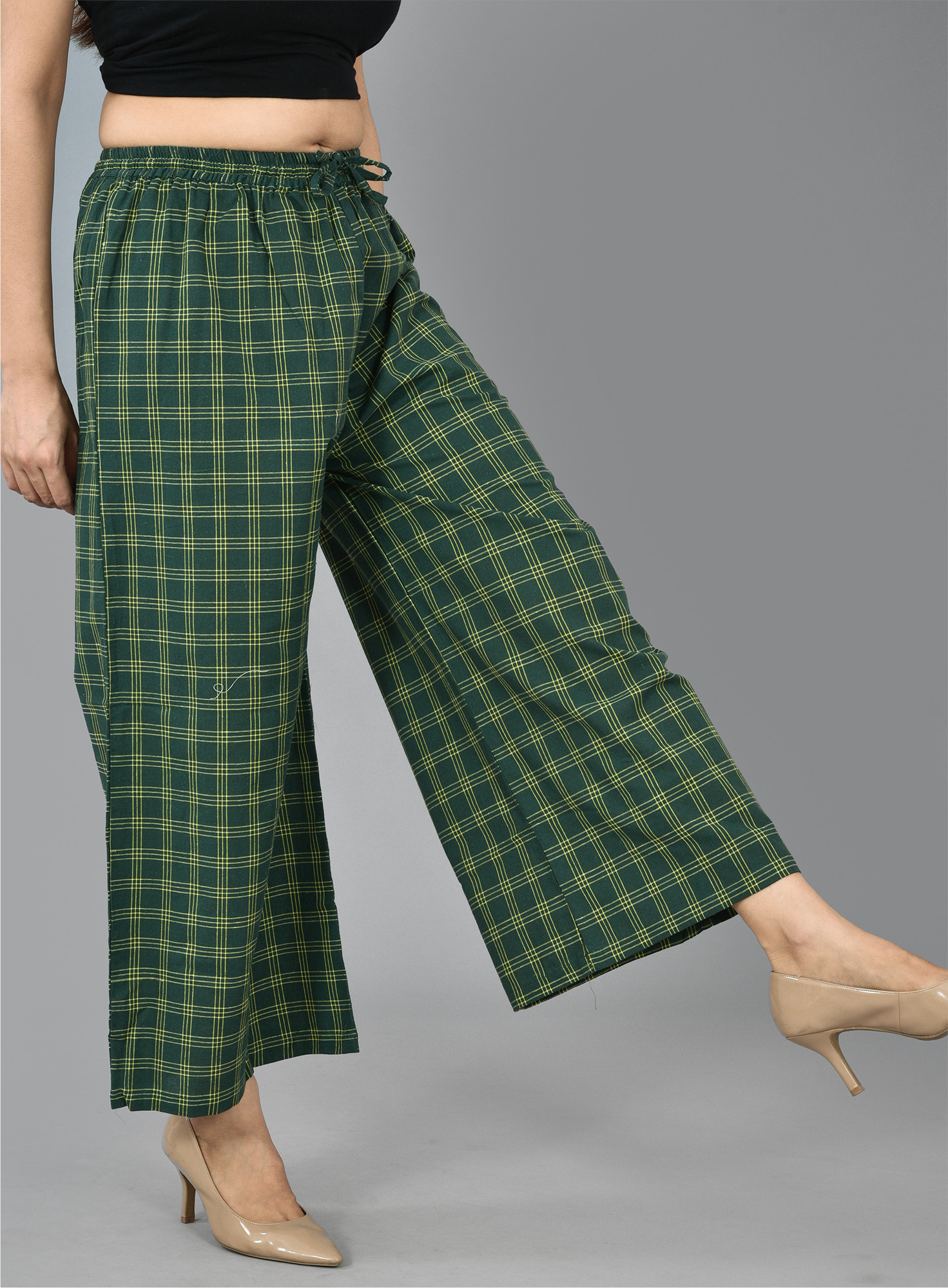 Green Yellow Cotton Checks Palazzo Pant-36729