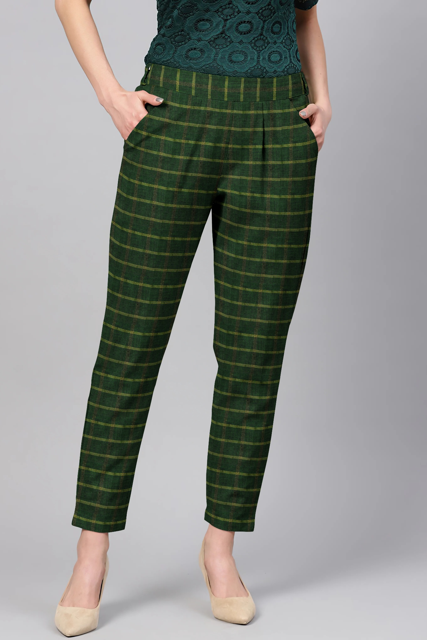 Green Yellow Cotton Stripe Regular Fit Solid Trouser-36070