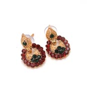 Green and Dark Red Stone Circular Design with Golden Polish Earring for Women