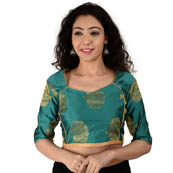 Green and Golden Elbow Sleeve Silk Brocade Blouse -30179