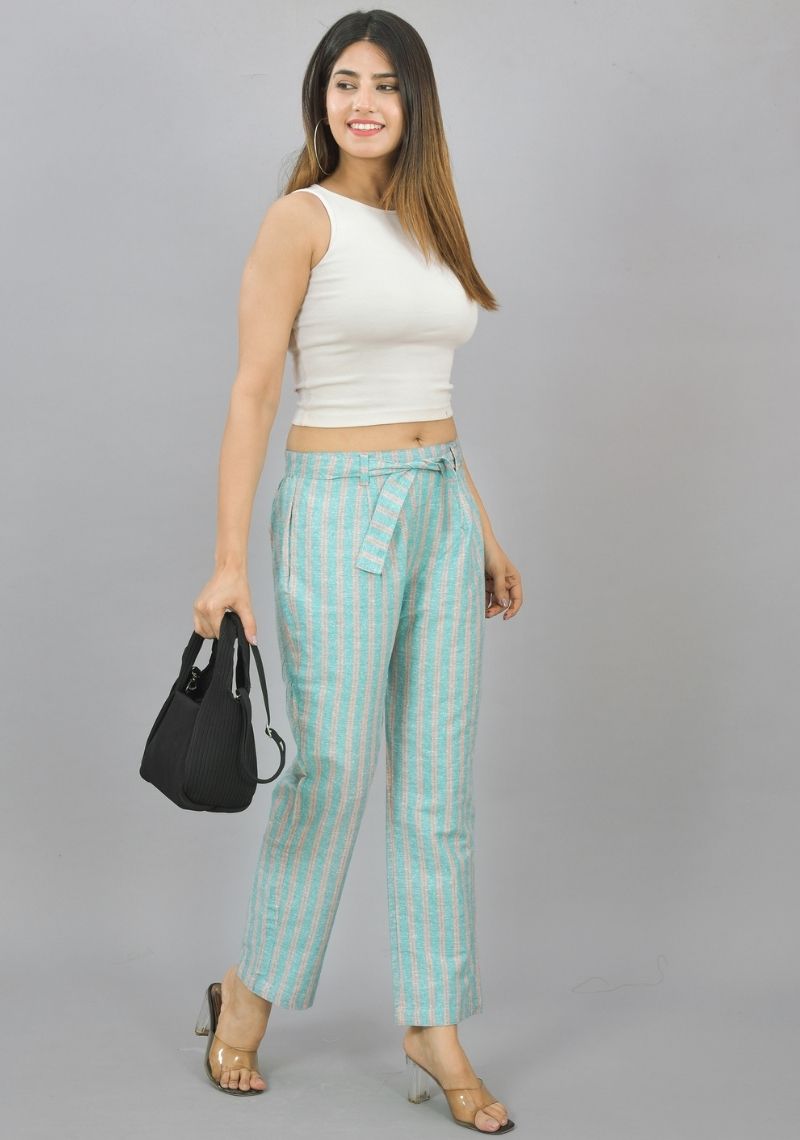 Green and Peach Cotton Stripe Women Trouser-45248
