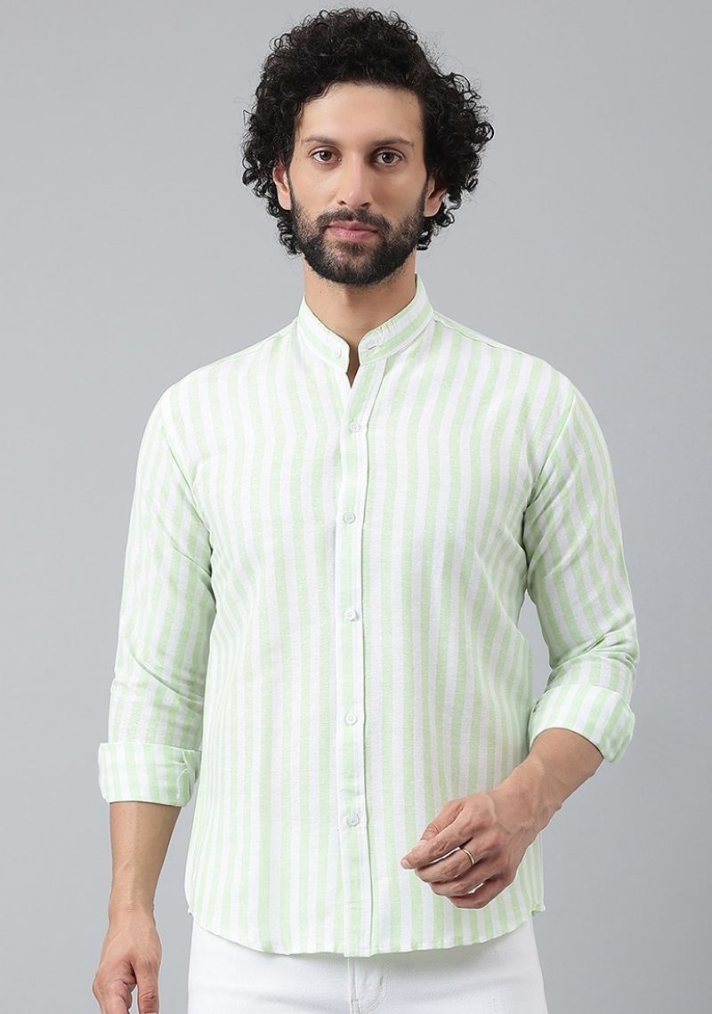 Green and White Cotton Handloom Stripe Men Shirt-48731