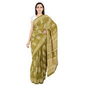 Green and White Floral Design Cotton Block Print saree-20086