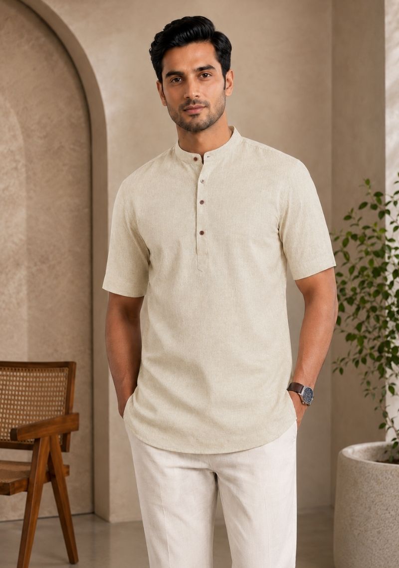 Light Beige Cotton Half Sleeves Short Kurta-51281