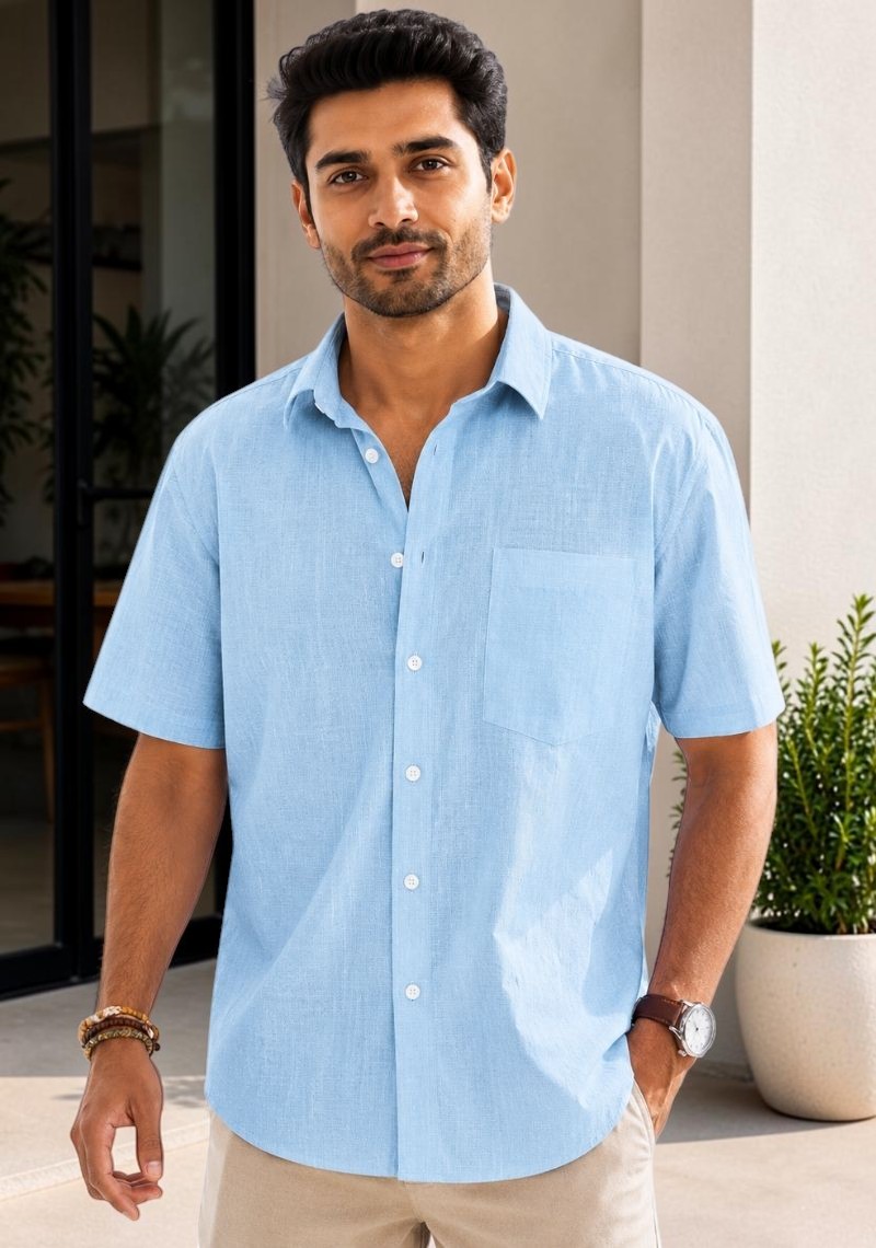 Light Blue Cotton Linen Relaxed Fit Half Sleeve Shirt-51717