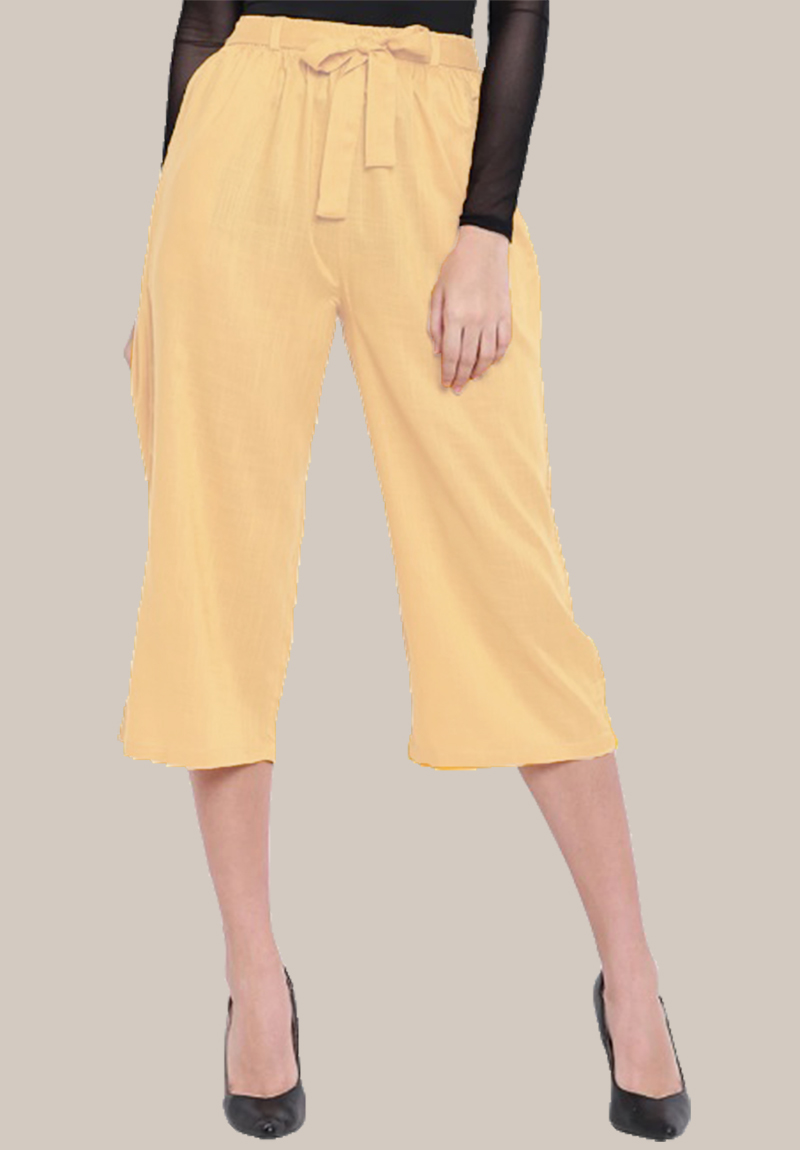 Light Cream Rayon Solid Women Culottes with Belt-35111