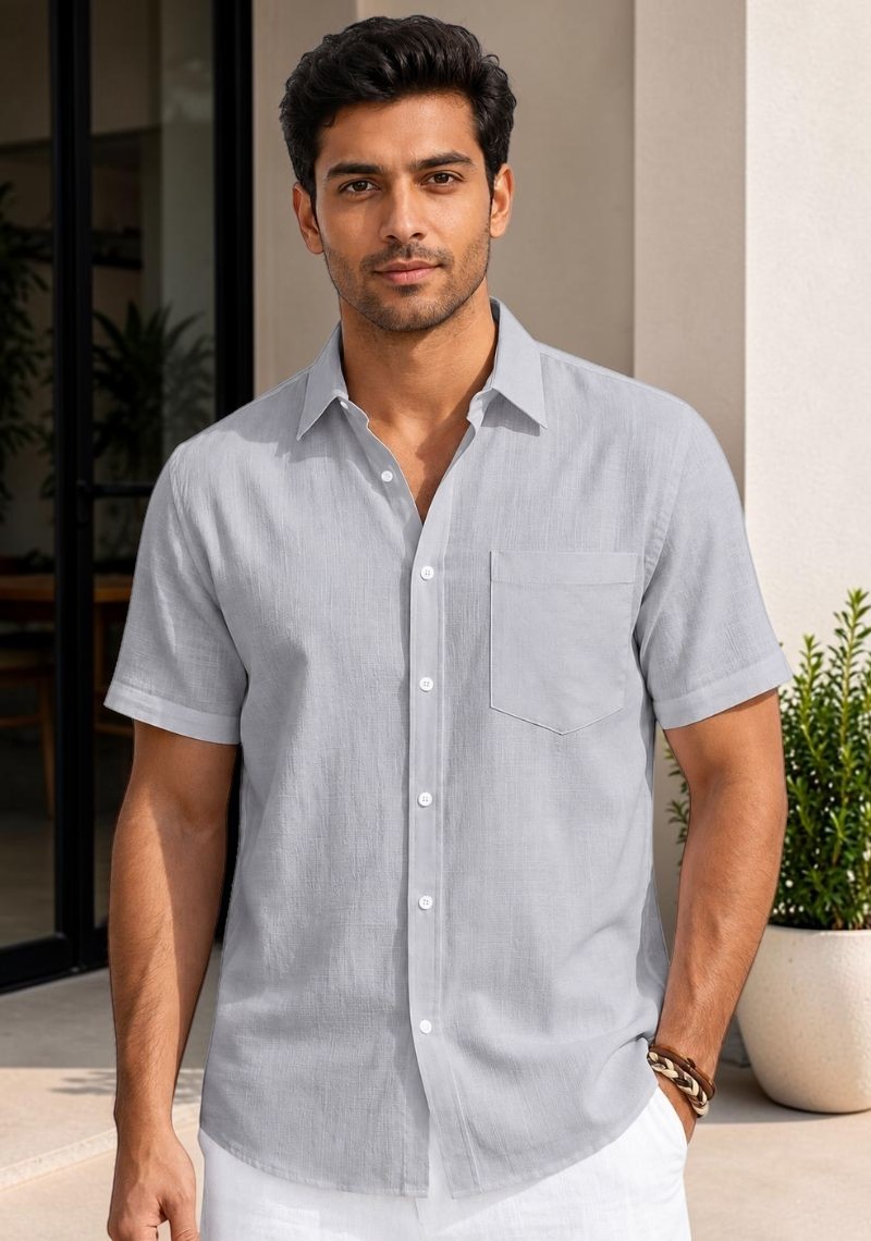 Light Gray Cotton Linen Relaxed Fit Half Sleeve Shirt-51710