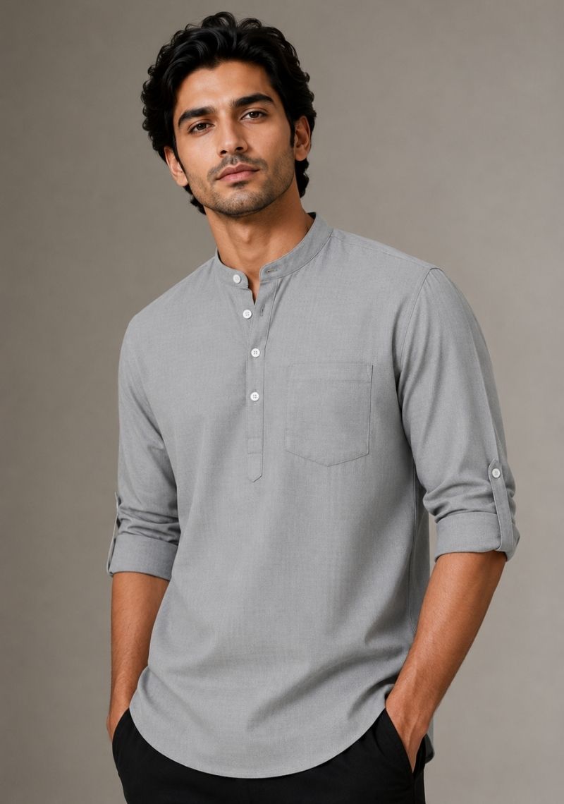 Light Gray Linen Solid Short Kurta-51017