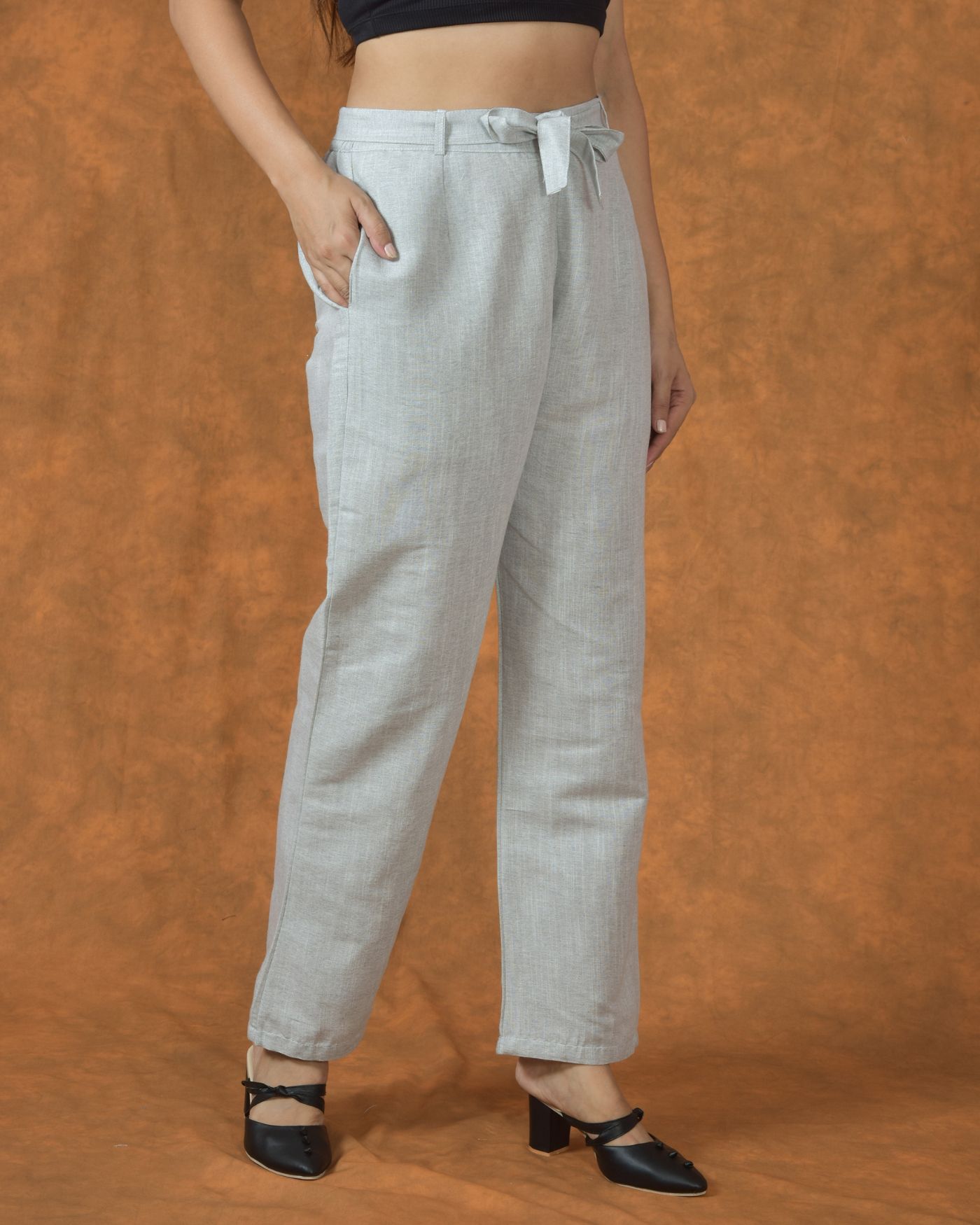 Light Gray Solid Cotton Belt Pant-10029