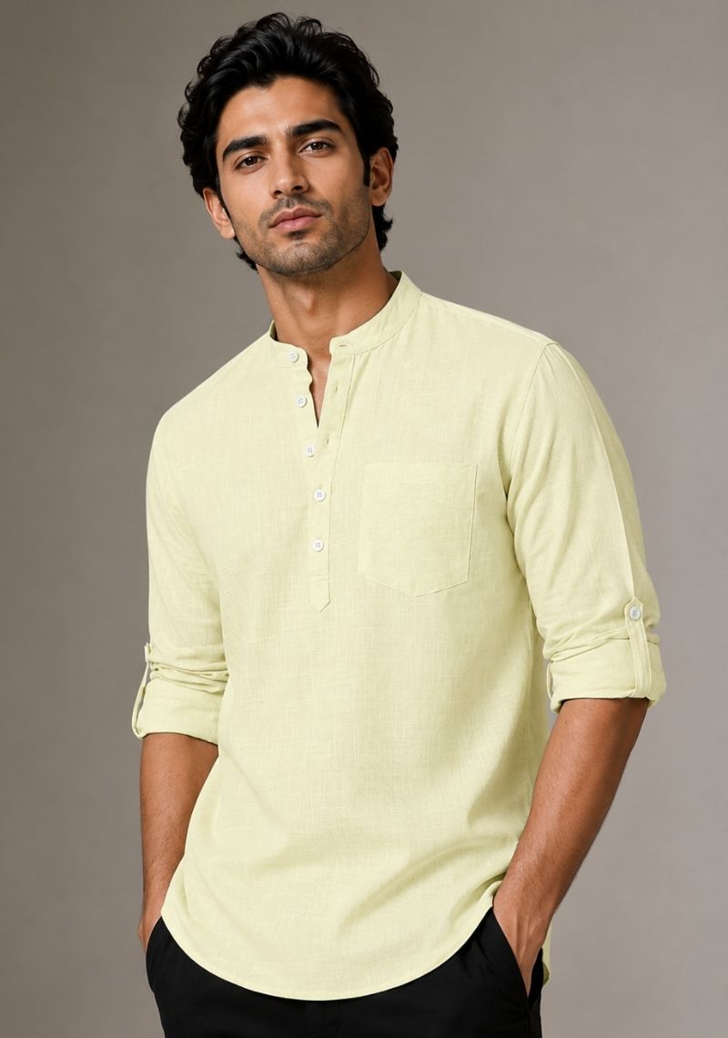 Light Yellow Linen Solid Short Kurta-51019