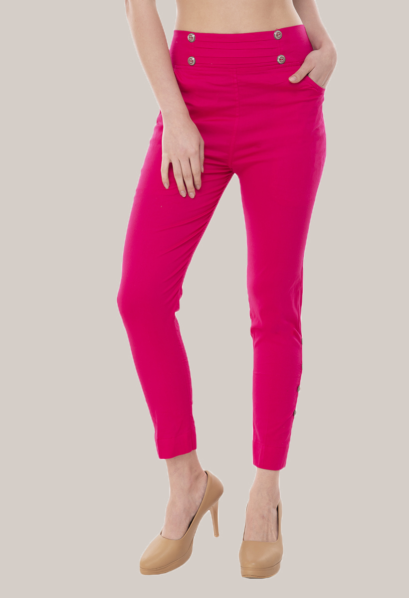 Magenta Pink Cotton Lycra Roll Up Pant-33500