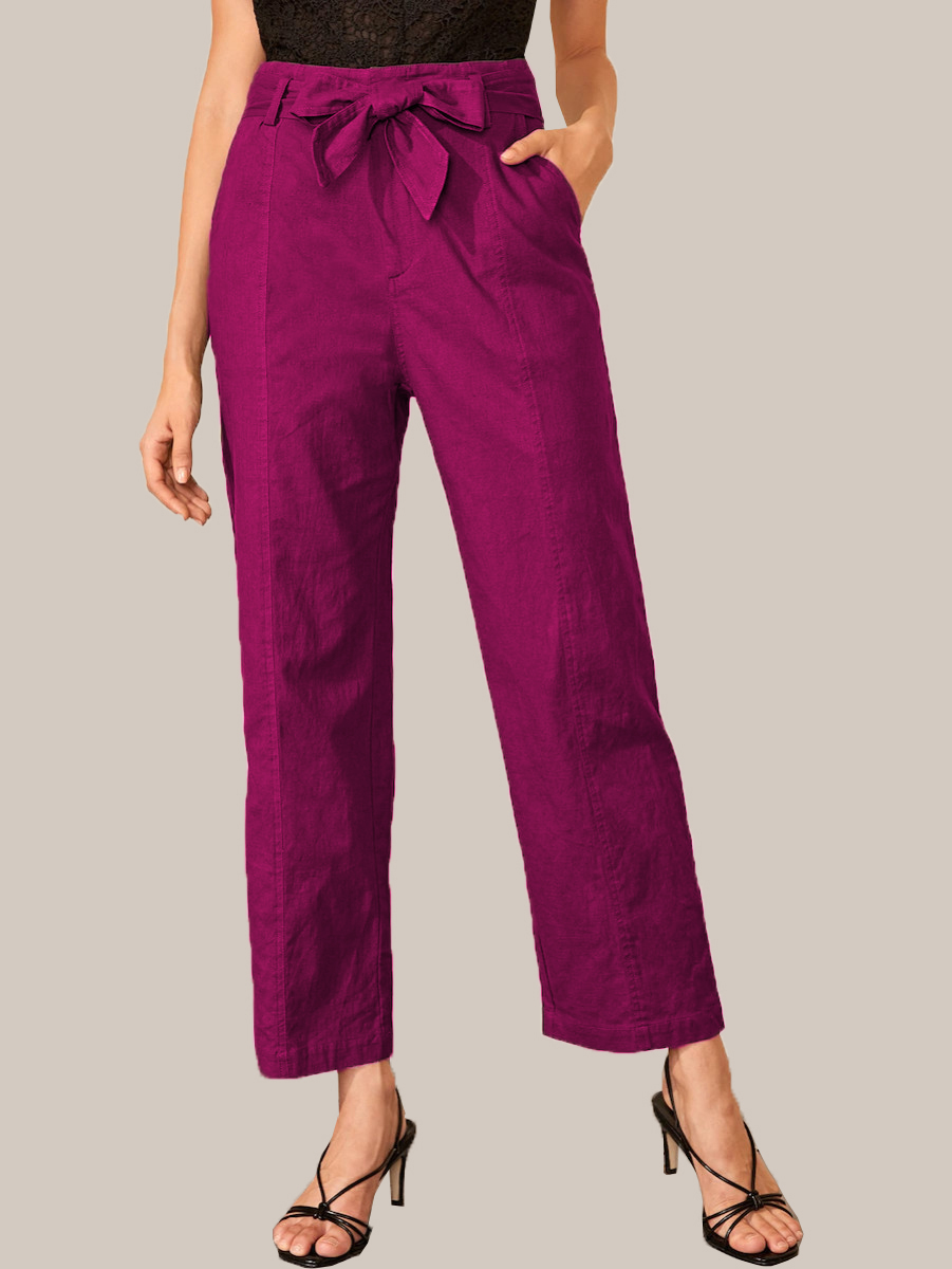 Magenta Pink Cotton Solid Wide Leg Pants With Belt-33928