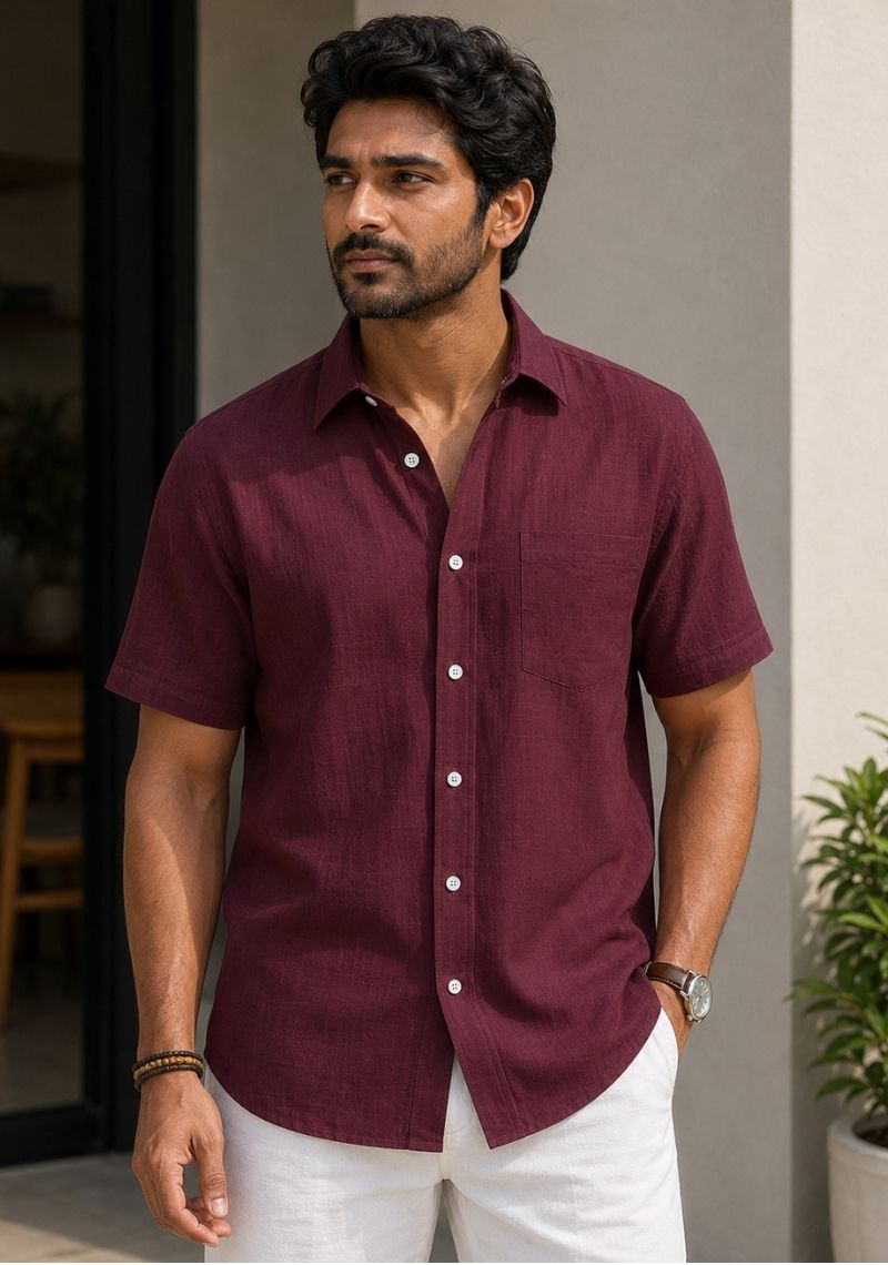 Maroon Cotton Linen Relaxed Fit Half Sleeve Shirt-51709