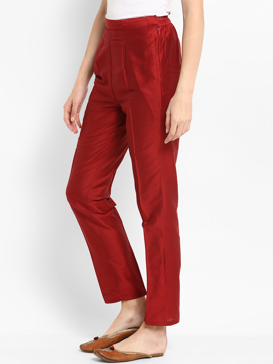 Maroon Cotton Silk Ankle Pant-34272