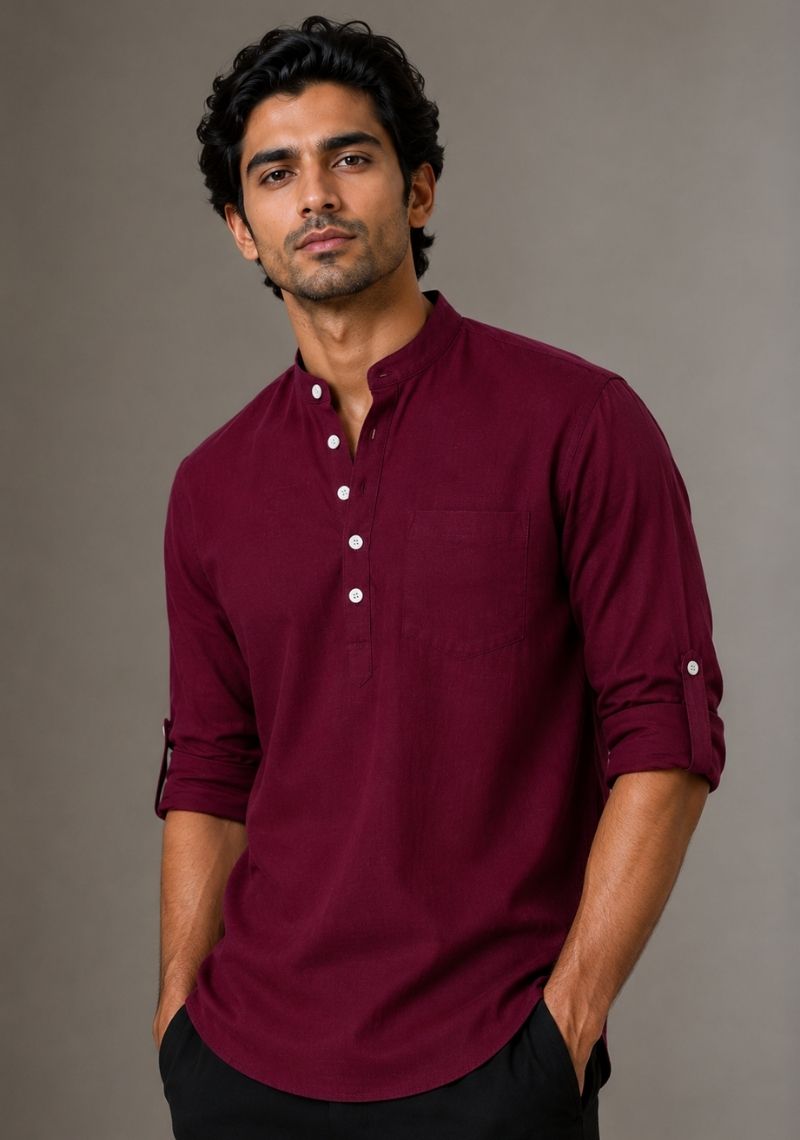 Maroon Linen Solid Short Kurta-51027