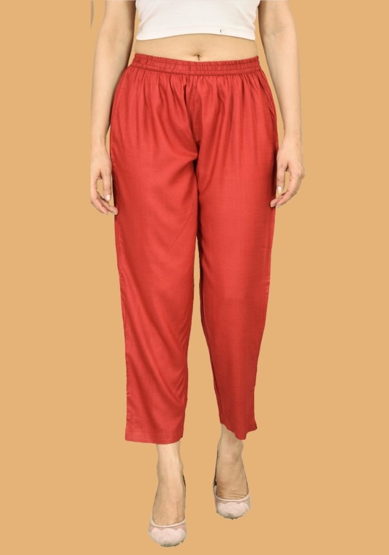 Maroon Solid Rayon Slub Women Ankle Length Pant-43576