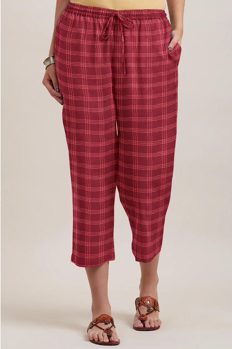 Maroon Yellow Cotton Triple Line Check Women Culottes-35918