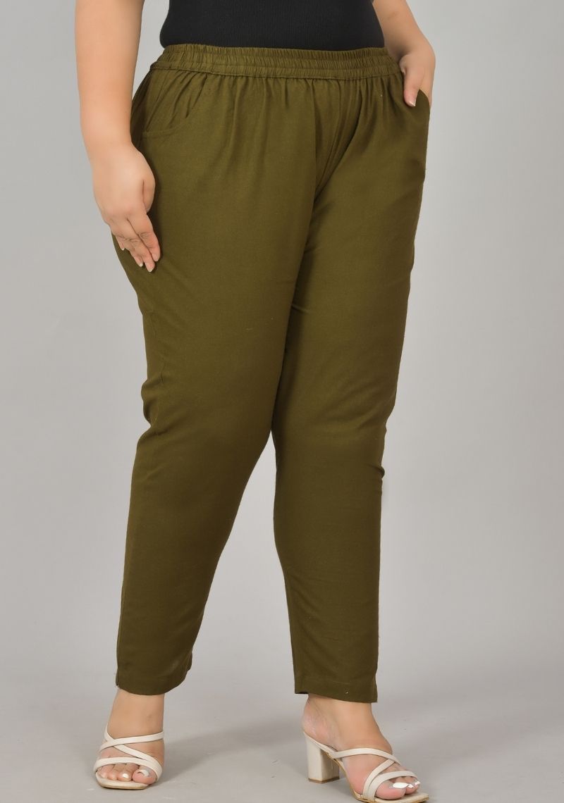 Mehndi Green Cotton Plus Size Regular Wear Women Pant-48407