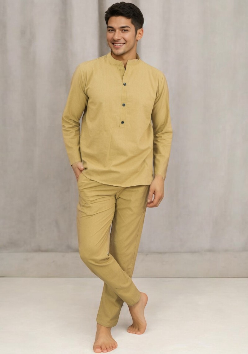 Men Linen Solid Co-ord Set Beige-49120