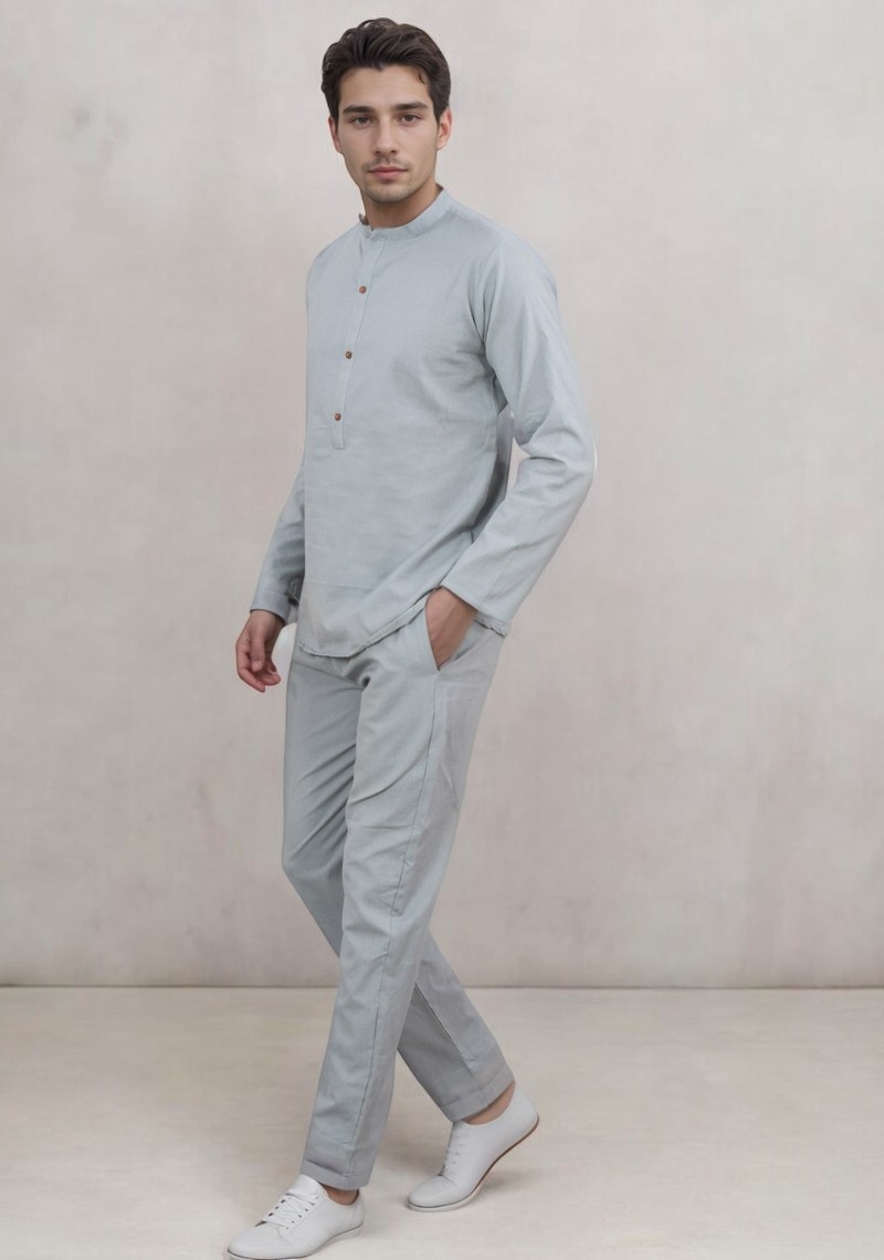 Men Linen Solid Co-ord Set Light Gray-49118