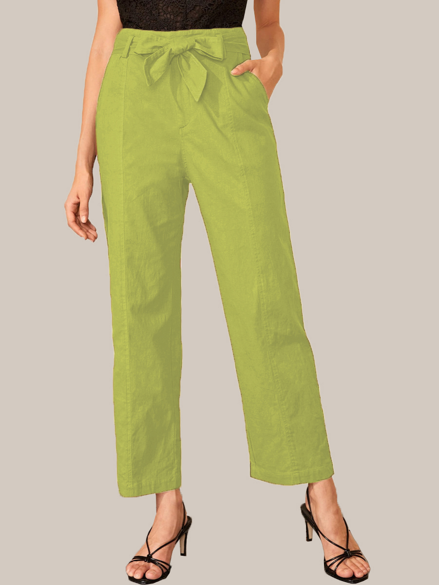 Mint Green Cotton Solid Wide Leg Pants With Belt-33930