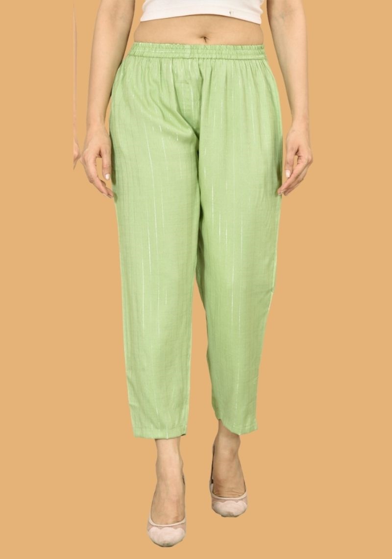 Mint Green Zari Rayon Slub Women Ankle Length Pant-43581