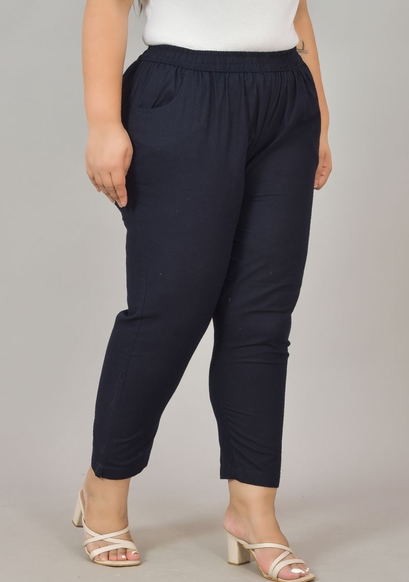 Navy Blue Cotton Plus Size Regular Wear Women Pant-48402