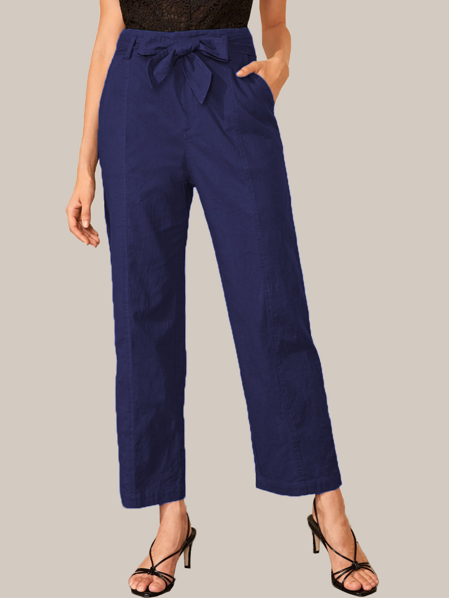 Navy Blue Cotton Solid Wide Leg Pants With Belt-33922