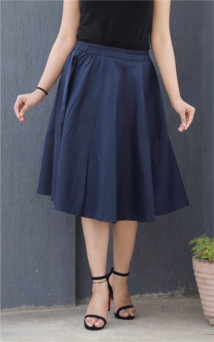 Navy Blue Cotton Women Knee-Length Skirt-35293