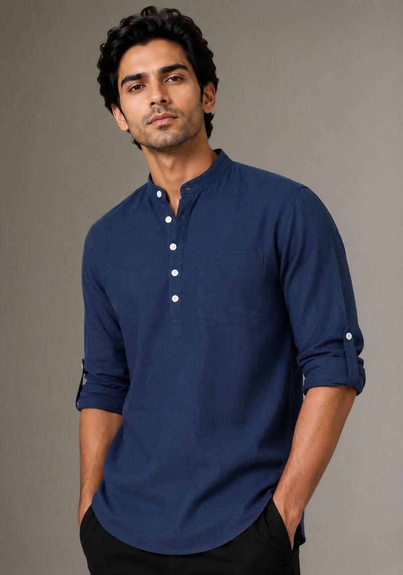 Navy Blue Linen Solid Short Kurta-51020
