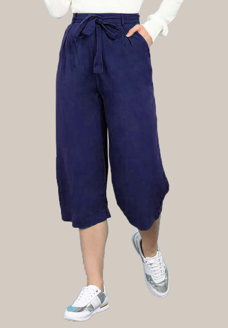 Navy Blue Rayon Solid Women Culottes with Belt-35095