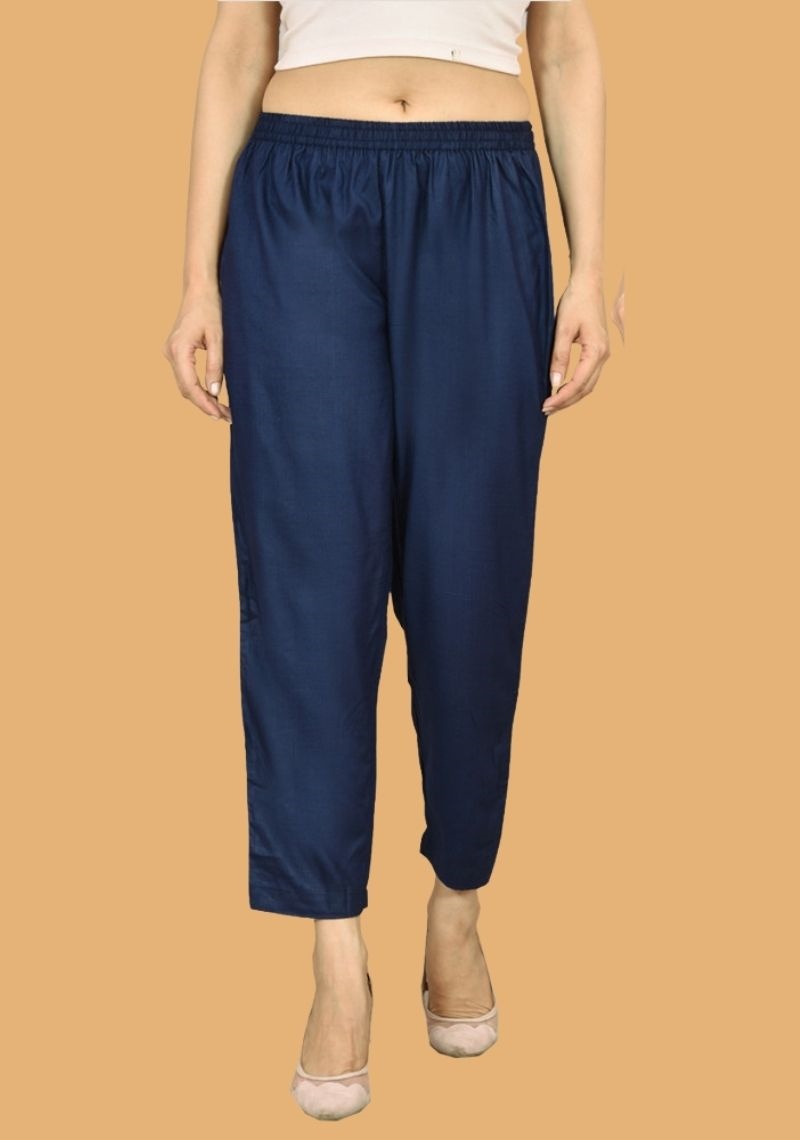 Navy Blue Solid Rayon Slub Women Ankle Length Pant-43578