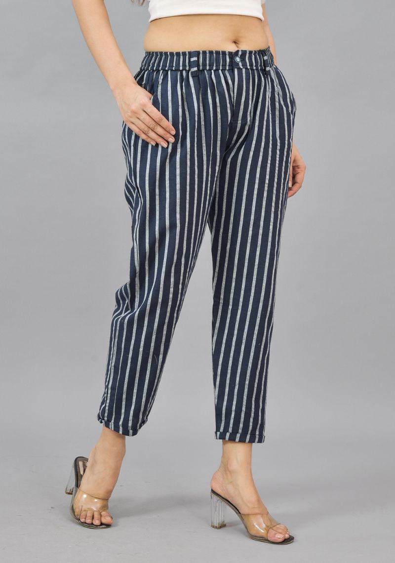 Navy Blue White Cotton Stripe Women Straight Trouser-44000