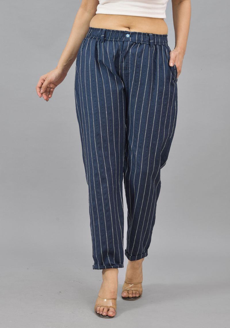 Navy Blue White Cotton Stripe Women Straight Trouser-44001