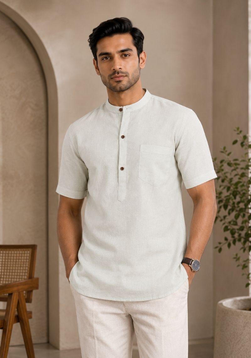Off White Cotton Half Sleeves Short Kurta-51282