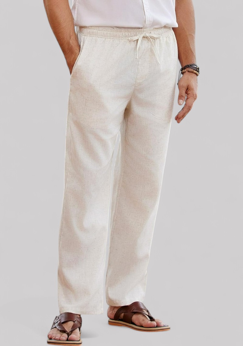Off White Linen Relaxed Fit Men Pant-50196