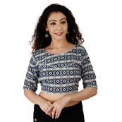 Off White and Blue Elbow Sleeve Cotton Indigo Blouse-30140