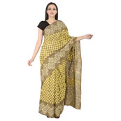 Olive Green-Yellow and Off White Cotton Block Print Saree -20111