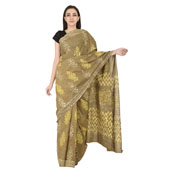 Olive Green-Yellow and White Floral Design Cotton Block Print Saree-20114