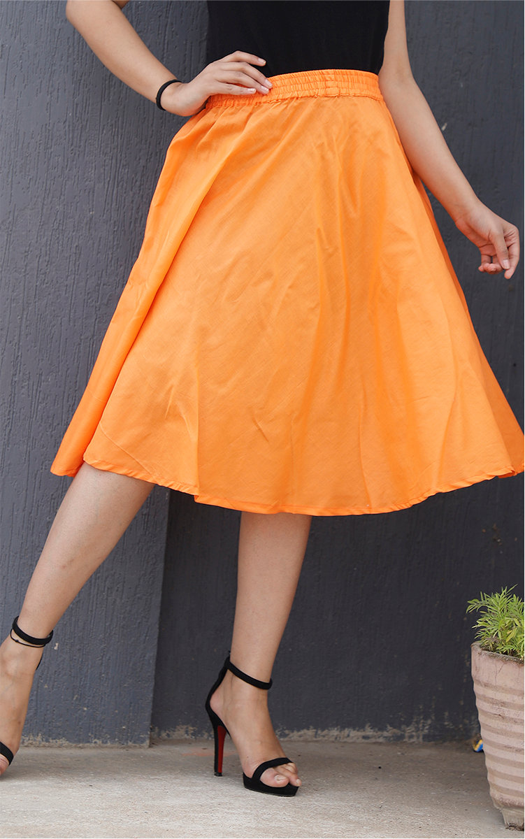 Orange Cotton Women Knee-Length Skirt-35297