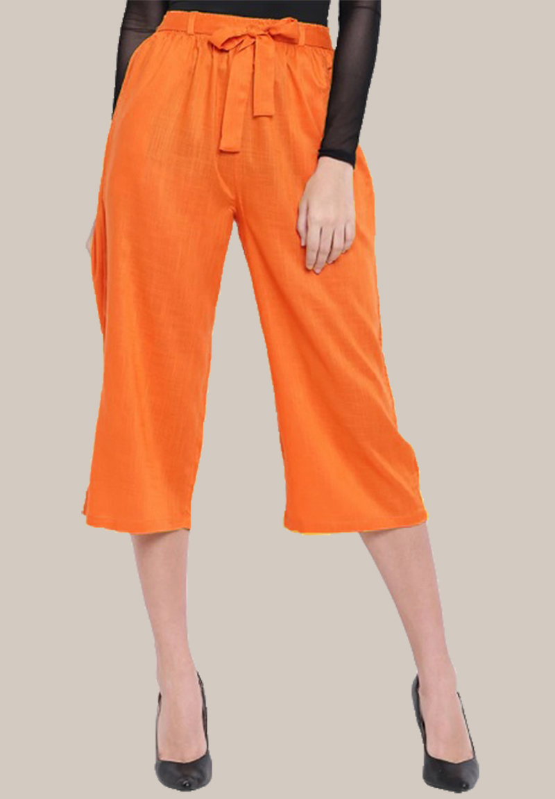Orange Rayon Solid Women Culottes with Belt-35098