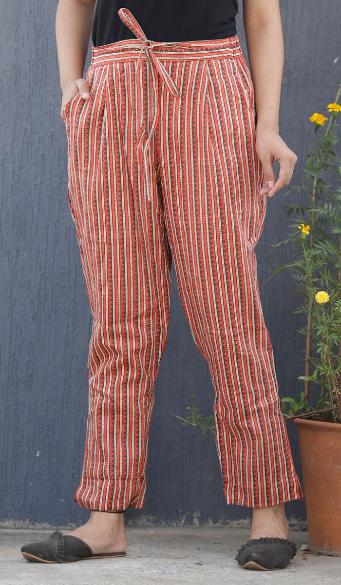 Orange White Stripe Block Print Cotton Pant-34102