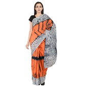 Orange-White and Black Cotton Shibori Print Saree-20104