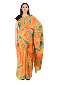 Orange and Green Cotton Batik Print Saree-20130